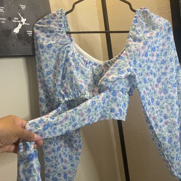 Japna White Blue Floral Pattern Long Puff Sleeve Back Tie Crop Top Blouse S - Picture 11 of 11